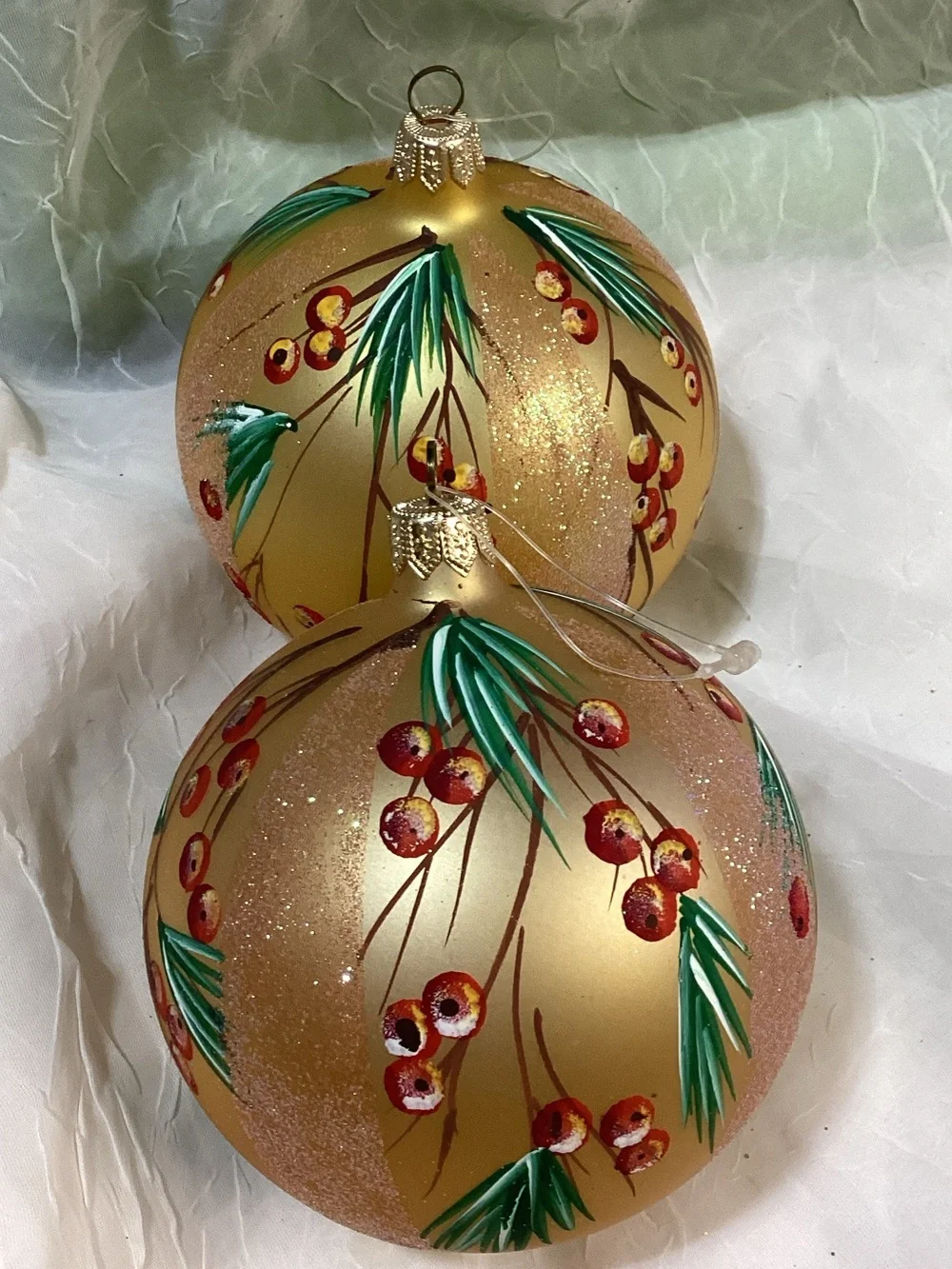 Hand-Painted Gold Glitter Holiday Pine Tree Themed Ornament Set Larger Size